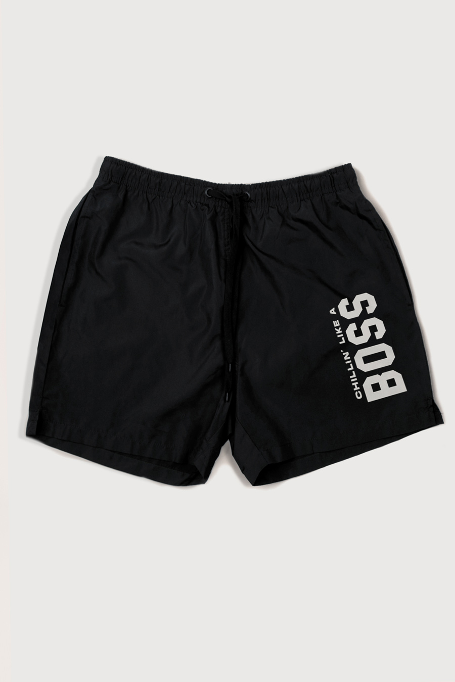 Swimming Shorts in Black Color with Chillin Like A Boss Print swimwear-a-isolated-front-full-black-1250.jpg