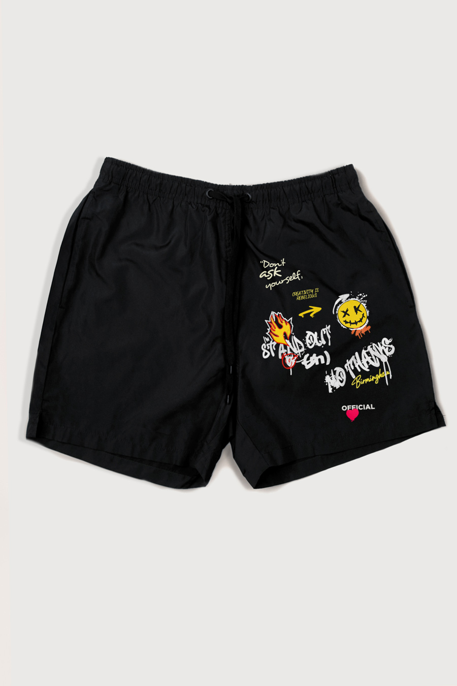Swimming Shorts in Black Color with Crazy Smiley Print swimwear-a-isolated-front-full-black-1286.jpg