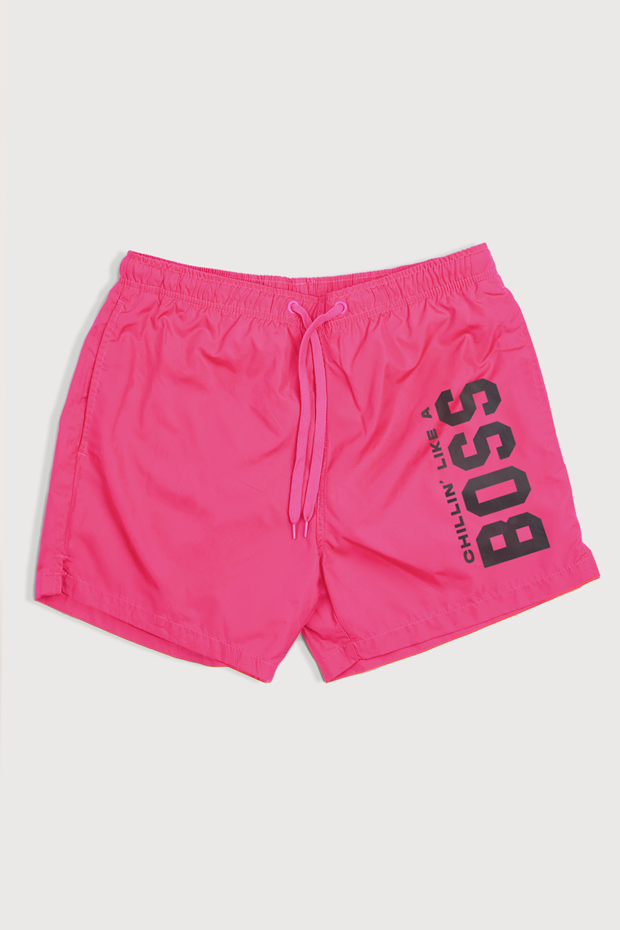 Swimming Shorts in Pink Color with Chillin Like A Big Boss Print swimwear-a-isolated-front-full-pink-1189.jpg