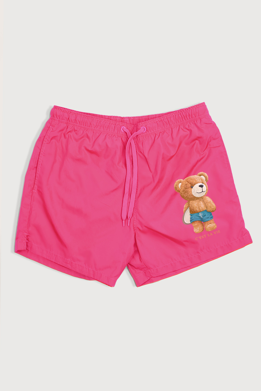 Swimming Shorts in Pink Color with Cest La Vie Teddy Print swimwear-a-isolated-front-full-pink-1275.jpg