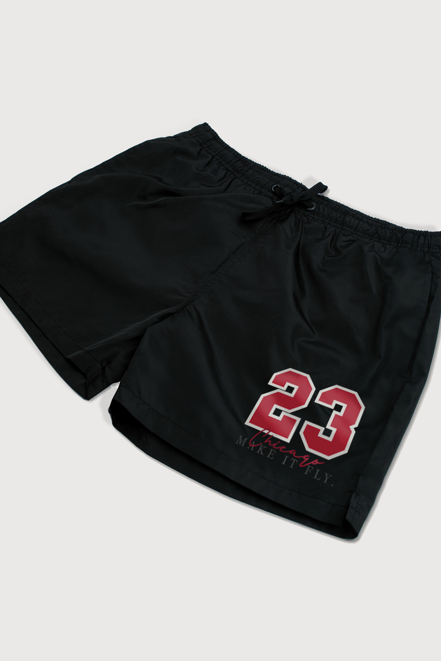 Swimming Shorts in Black Color with Chicago Make It Fly Print swimwear-a-isolated-front-zoom1-black-1167.jpg