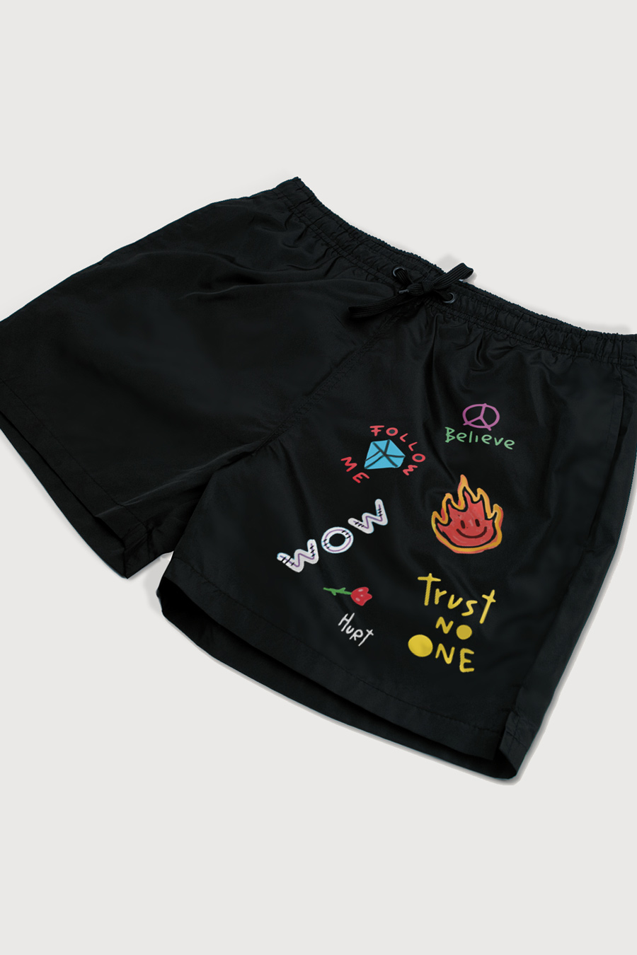 Swimming Shorts in Black Color with Wow Believe Me Print swimwear-a-isolated-front-zoom1-black-1209.jpg