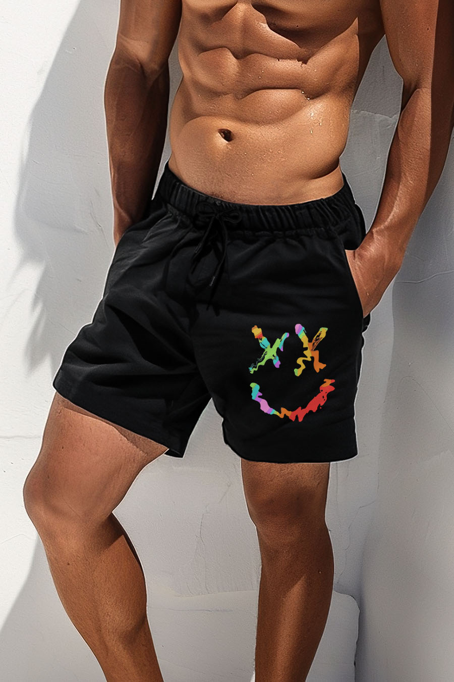 Swimming Shorts in Black Color with Neon Smiley Face Print swimwear-man-a-g14-front-zoom3-black-1180.jpg