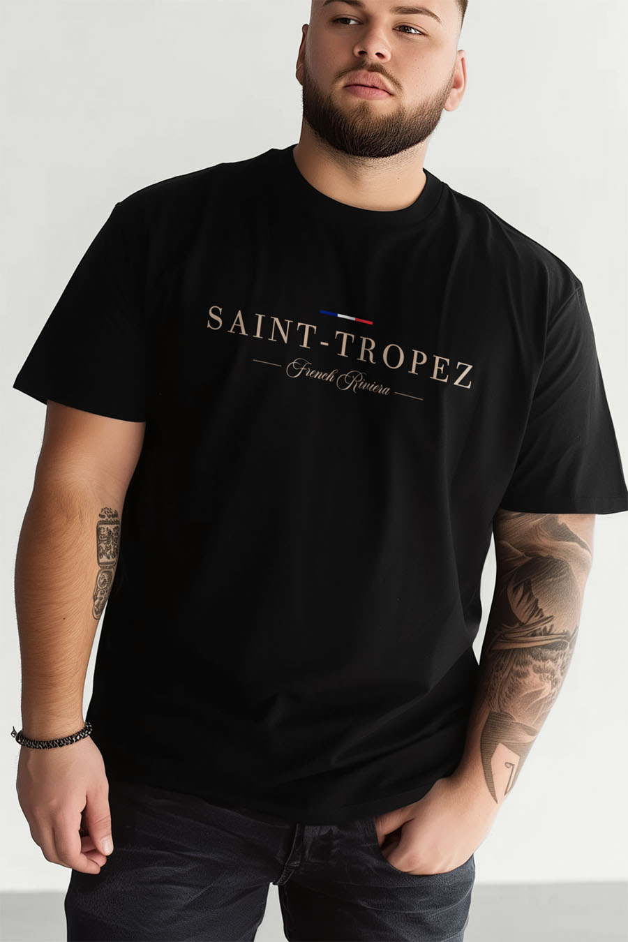 T-Shirt in Black color with Saint Tropez Riviera Print t-shirt-man-plus-size-a-fg92-front-zoom3-black-2614.jpg
