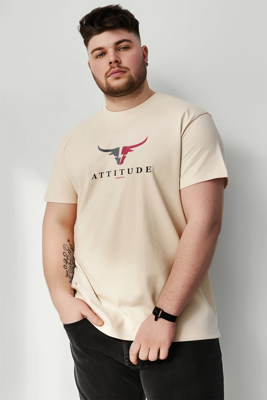 T-Shirt in Ecru color with Goat Attitude Print t-shirt-man-plus-size-b-fg82-front-zoom1-ecru-2680.jpg