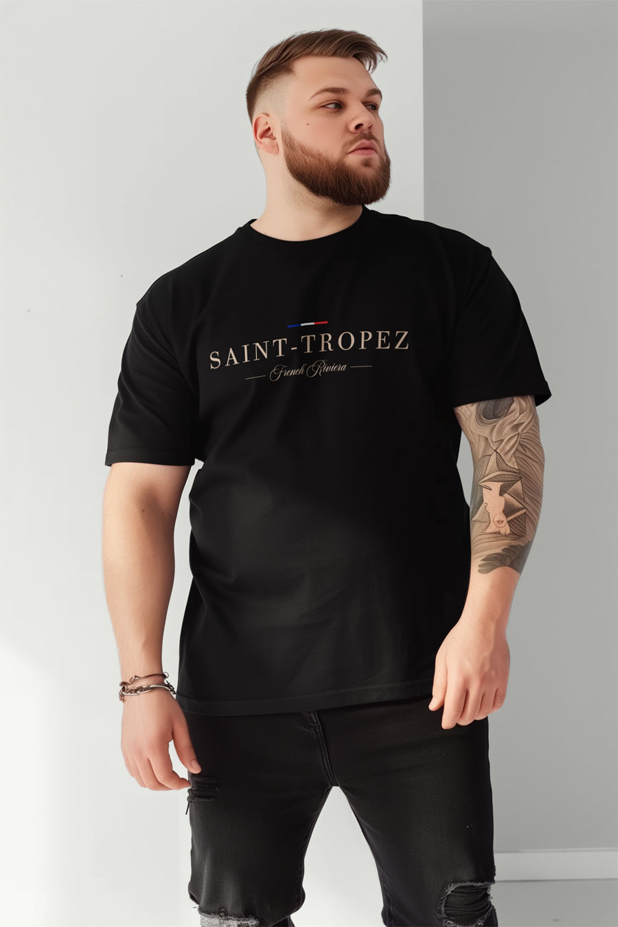 T-Shirt in Black color with Saint Tropez Riviera Print t-shirt-man-plus-size-b-fg92-front-zoom1-black-2614.jpg